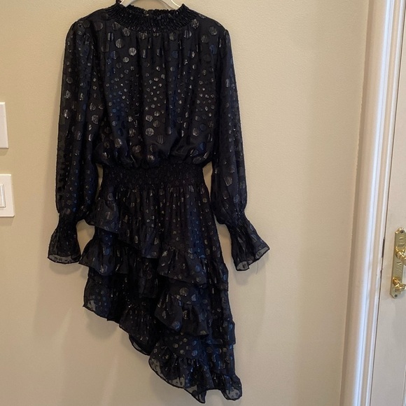 DO+BE x Revolve Sheer Asymmetrical Polka Smock Ruffle Tiered Black Dress SMALL - Picture 3 of 11